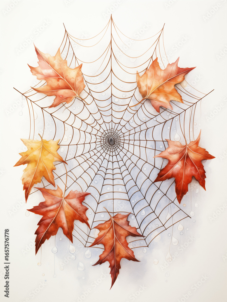 Fototapeta premium Spider web with dew and autumn leaves