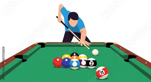 Vector Illustration of a Pool Player Aiming at the Balls on a Green Billiard Table