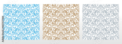 Wallpapers in the style of Baroque.. Set of colored floral ornaments. Seamless vector backgrounds Graphic patterns for fabric, wallpaper, packaging. Ornate Damask flower illustration