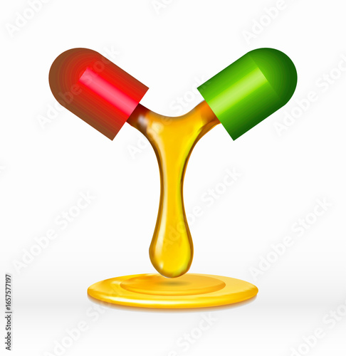 Realistic 3D vector of an open capsule streaming golden oil liquid, Capsule, pill, medicine, supplement, oil, pharmaceutical, healthcare, drug, glossy, realistic, medical, vitamin, fluid,vector,herbal