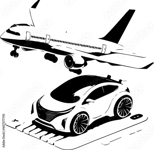 Airplane flying above a modern car parked on a platform rendered in black and white illustration style