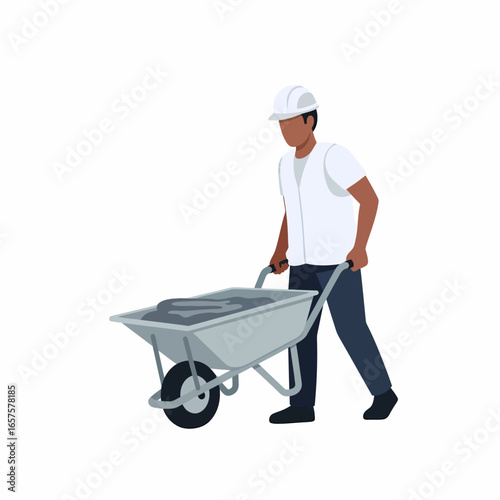A dark-skinned construction worker pushes a wheelbarrow full of gray material.