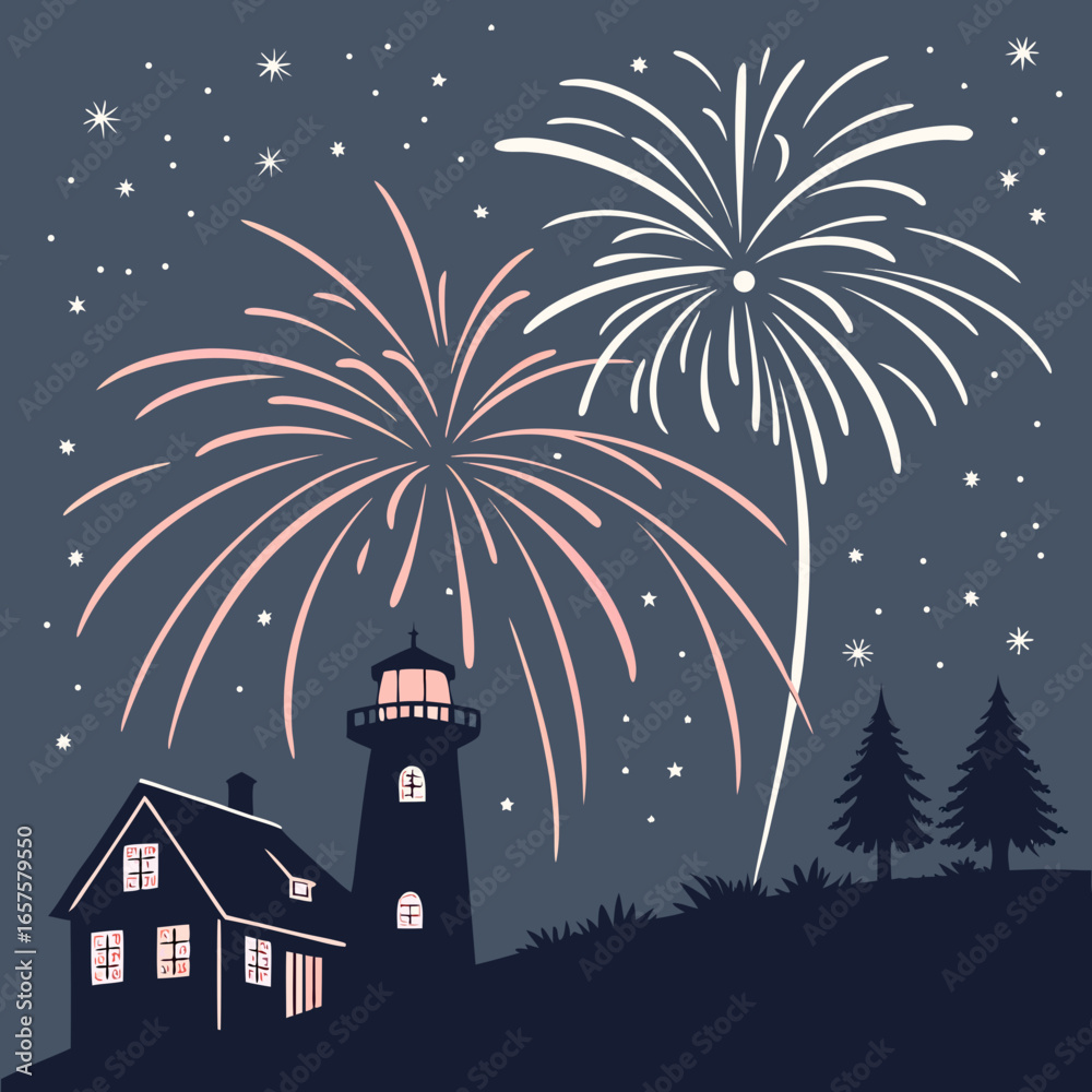 Fototapeta premium Vector art of fireworks over a lighthouse and house at night, celebrating a holiday, event, or special occasion with stars in the sky