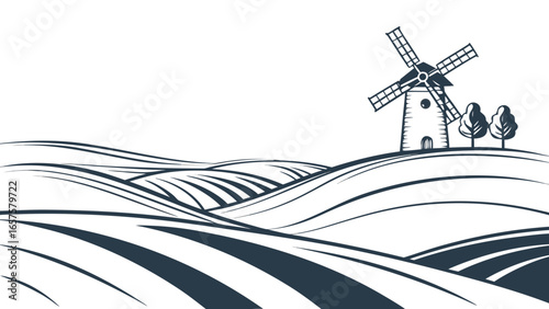 Vector art of scenic countryside landscape with a windmill on a hill, rolling fields, and trees, a peaceful rural scene