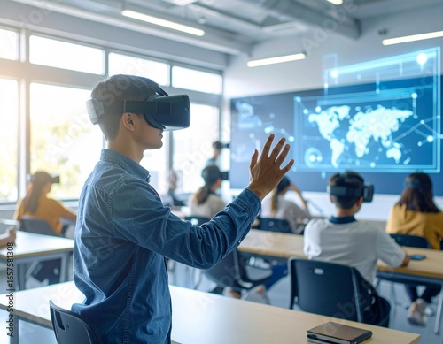 A student using a virtual reality headset for learning in a classroom, holographic displays and interactive elements, innovative and engaging, 4K resolution,education, technology