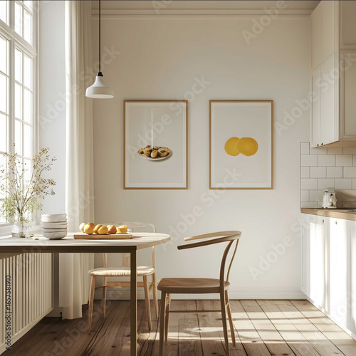 three identicals A3 framed posters hanging in a sweet vintage allwhite kitchen The light enter to the room The floor is a wooden convivial atmosphere breakfast on