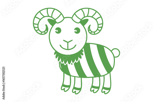 A cartoon ram with green stripes and curling horns appears smiling on white