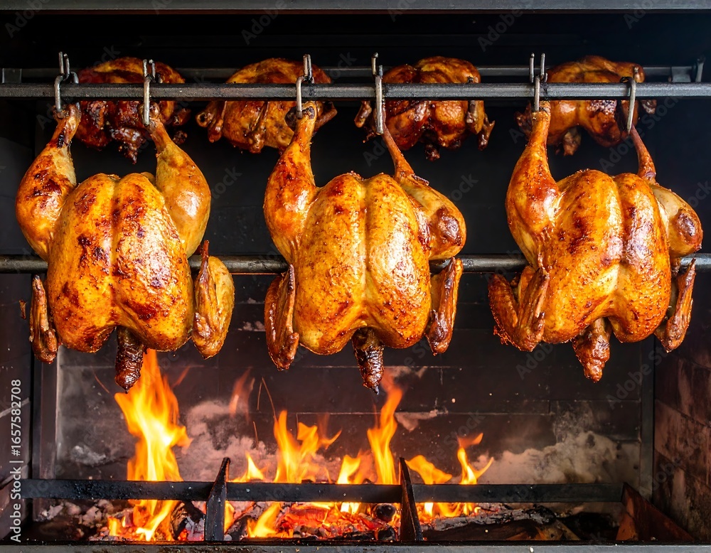 Naklejka premium Roasted chickens on a spit over flames