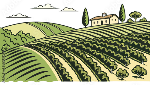 Idyllic tuscan landscape with rolling hills vineyard and traditional farmhouse illustration