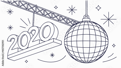 New year s eve celebration with a disco ball and the year 2020 in outline style