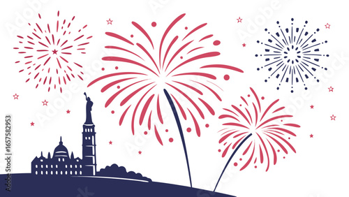 New york city skyline with statue of liberty and fireworks celebration in red white and blue