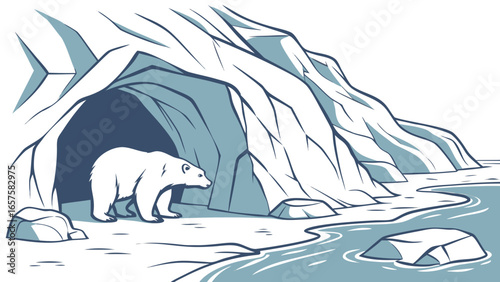 Polar bear emerges from icy cave entrance onto a rocky shore with calm water