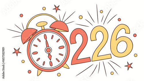 Retro alarm clock with numbers 226 and festive sparkling elements on a white background