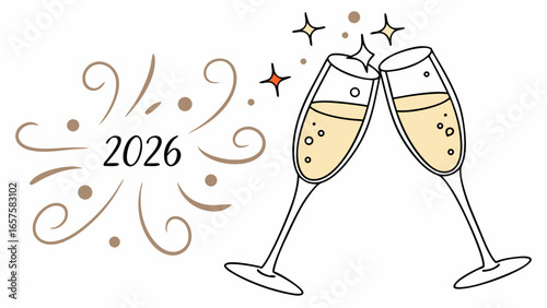 Two champagne glasses clinking together celebrating the new year 2026 with festive sparkles