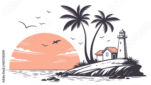 Tropical island paradise with palm trees and a lighthouse at sunset with flying seagulls