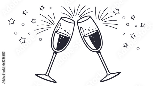 Two champagne glasses clinking together with celebratory stars and bubbles in a festive toast