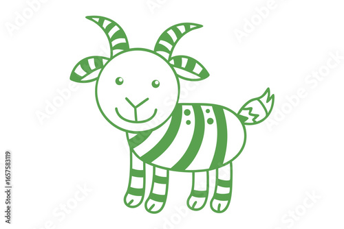 Cheerful green goat outline with stripes stands happily against a white background
