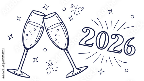 Two champagne glasses clinking together with the year 2026 and festive sparkles