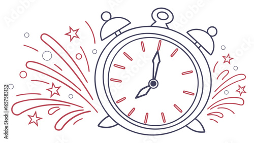 Vintage alarm clock with festive red and blue fireworks and stars celebrating a special occasion