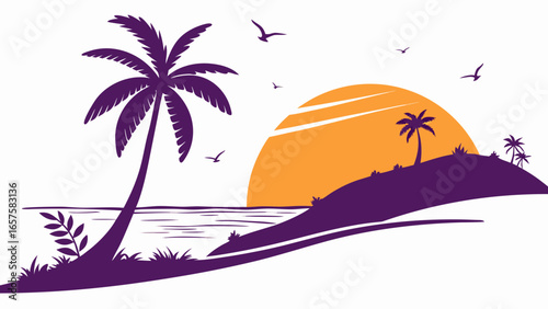 Vibrant purple silhouette of palm trees and island against a bright orange sunset over the ocean