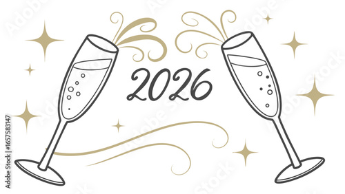 Two champagne glasses clinking together with the year 2026 and sparkling stars