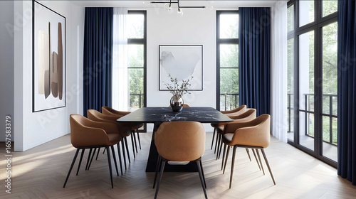 A modern dining area in an apartment with large windows navy blue curtains white walls and wood floors The room features modern art on the wall a black marble tabl