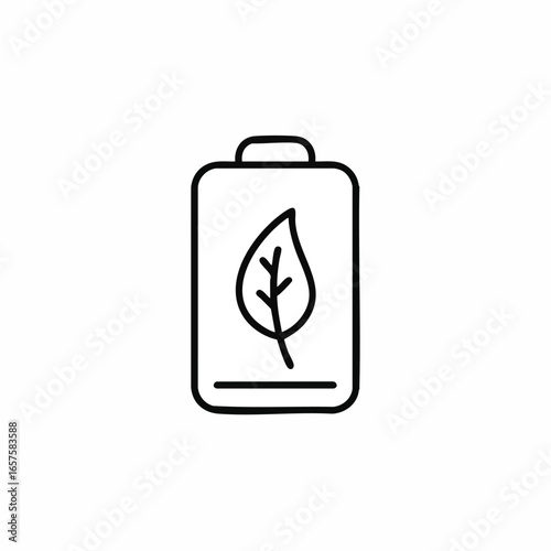 This minimalist line art icon depicts a battery with a leaf, symbolizing sustainable energy solutions and environmentally conscious power sources.