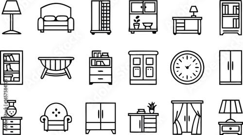 Modern furniture icons set for home interior design, creating stylish living spaces with comfort and elegance.