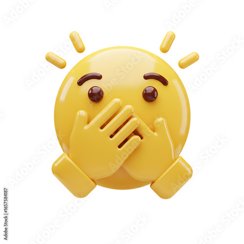 3d icon of emoji covering mouth with hands isolated on transparent background