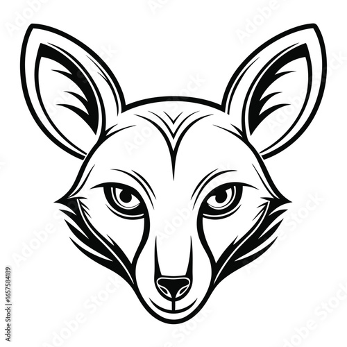 Bold Monochrome Fox Head Illustration:  Intense Gaze,  Stylized Line Art, Vector Graphic,  Perfect for Branding,  Logo Design,  Print Media,  and Apparel Applications.