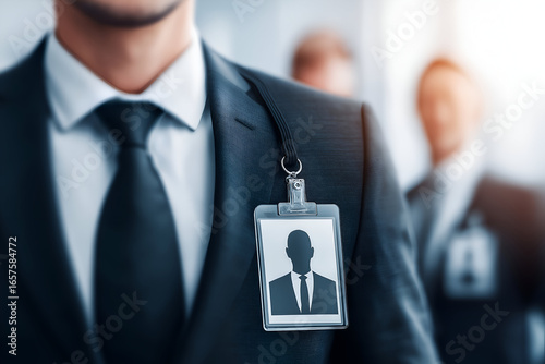 Man in Navy Suit Wearing Badge in Bright Office Setting. Mock up promotion information for marketing announcements and details, blank white space.