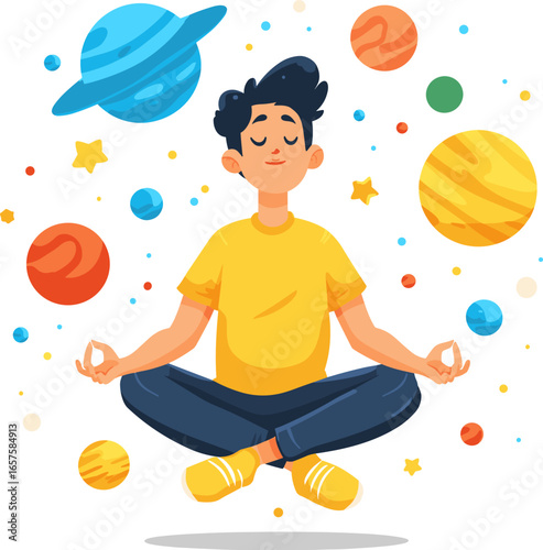 Boy meditating in space surrounded by colorful planets and stars isolated on transparent background. Vector illustration.