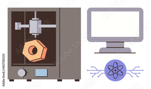 3D printer fabricating part, monitor displaying interface, and atom icon symbolizing science. Ideal for innovation, technology, engineering, prototyping, manufacturing, education future concept