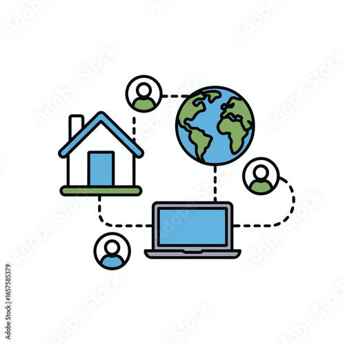 Global remote work concept with house, earth, laptop, and people icons work from home