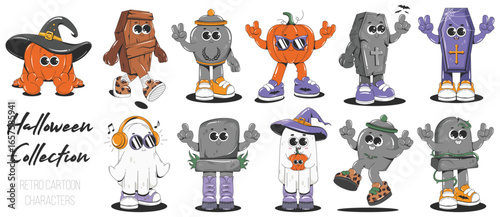Retro Cartoon Halloween Characters. Groovy style Funerary Urns, Pumpkins, Graves, Ghosts. Isolated Vector illustration set 60s, 70s. 