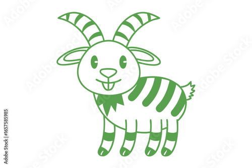 Cheerful green striped goat stands playfully with a toothy grin, displaying delightful linear features