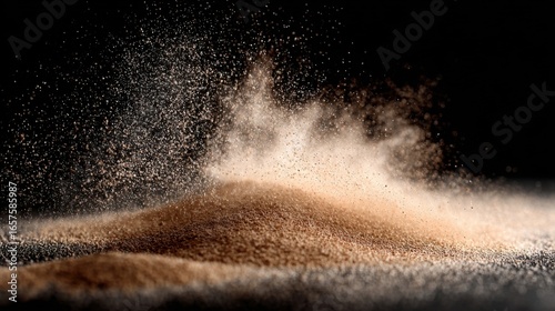Photos Fine powder explosion with dust clouds and particles flying in slow motion against black background