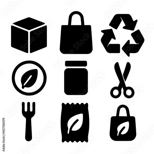 Eco-Friendly Symbol Collection: A collection of simple, clean, and modern illustrations that represents sustainability, packaging, and environmentally conscious themes in various contexts.