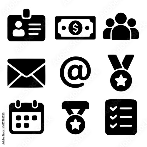 Business and Office Icons: A collection of sharp black and white icons that would be perfect for any office or business context, offering clarity and readability.
