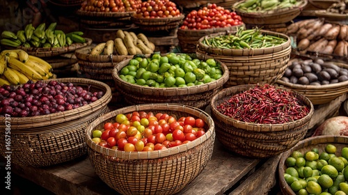 Vibrant farmer's market display showcasing fresh produce in woven baskets for healthy eating
