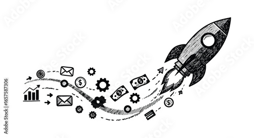A rocket launching with various business and productivity icons trailing behind it quickly silhouette