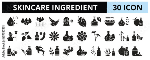 30 Skincare Ingredient Glyph Icons Vector -  Niacinamide, Collagen, Ginseng, Rosemary Oil, Centella Asiatica, Hyaluronic Acid