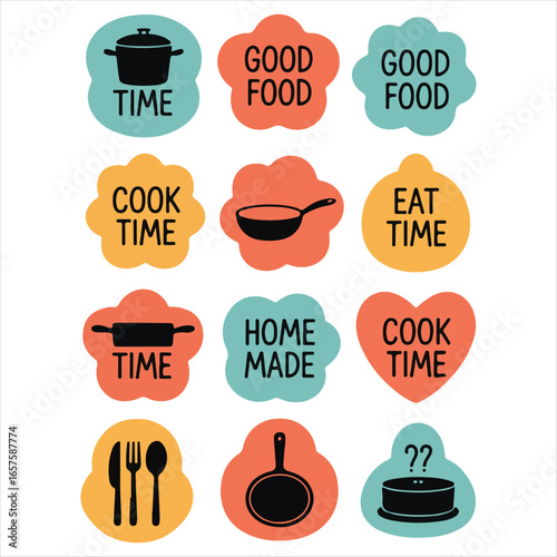 Cooking and Food Icons in Black and Various Colored Shapes