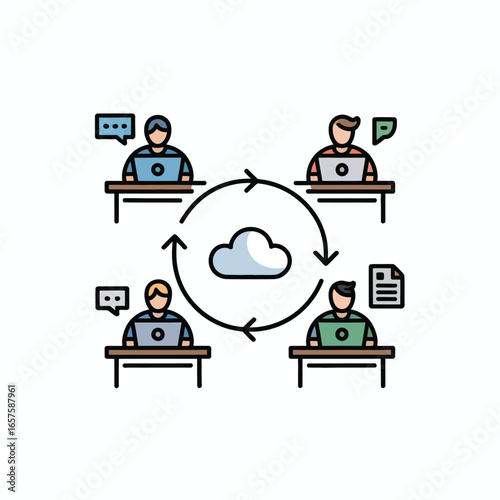 Team collaboration with cloud computing and circular arrows data sharing teamwork