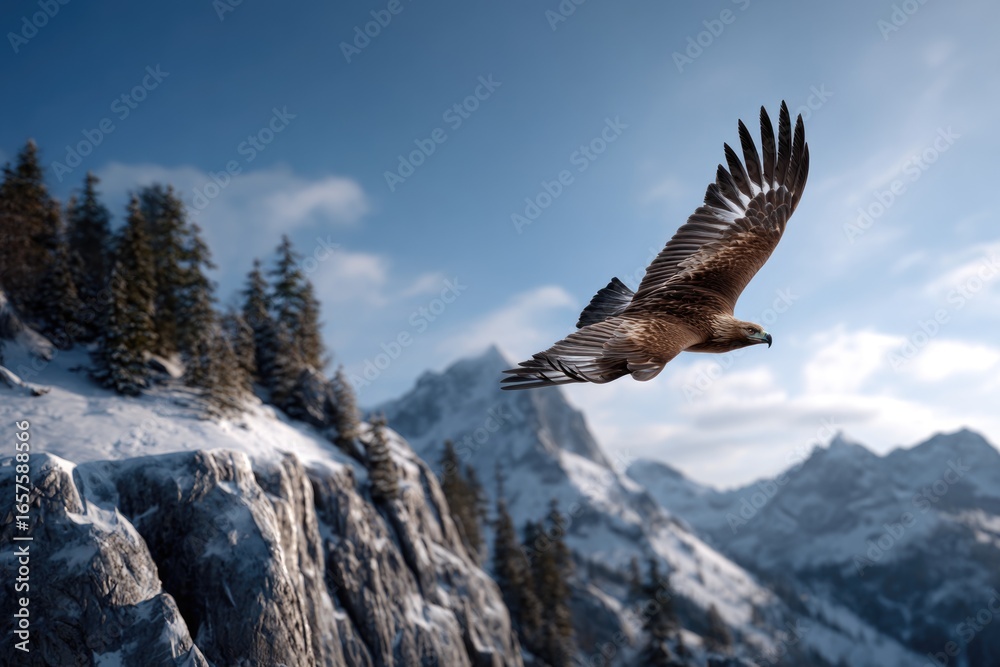 Fototapeta premium golden eagle soaring high above snow-capped mountain peaks