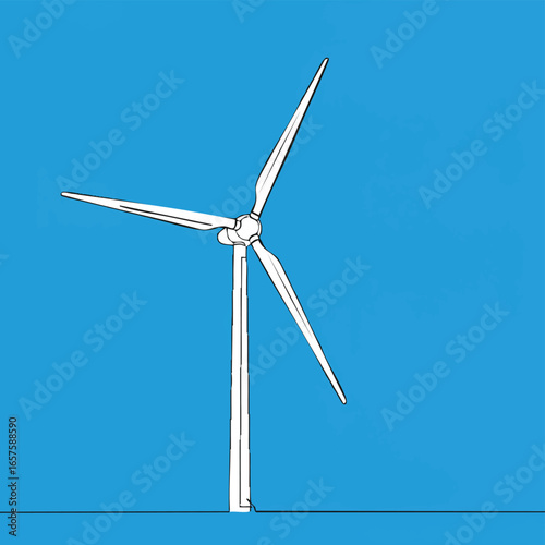 A clean energy wind turbine stands tall against a vibrant blue background, symbolizing renewable power and environmental sustainability.