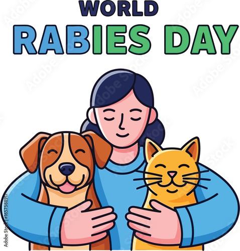 World rabies day illustration with woman, dog and cat