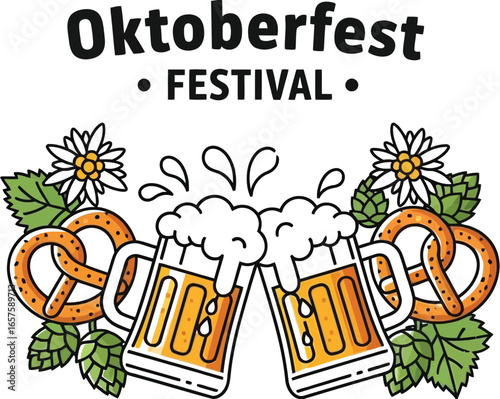 Illustration of beer mugs and pretzels for oktoberfest, a traditional german festival celebrating beer and bavarian culture