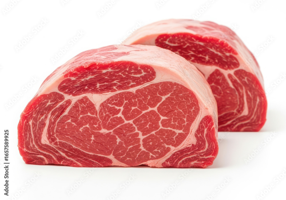 Obraz premium Two raw ribeye steaks with marbling on white background