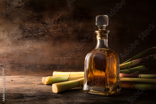 Elegant rum bottle displayed alongside fresh sugar cane stalks to emphasize the origins of the drink.